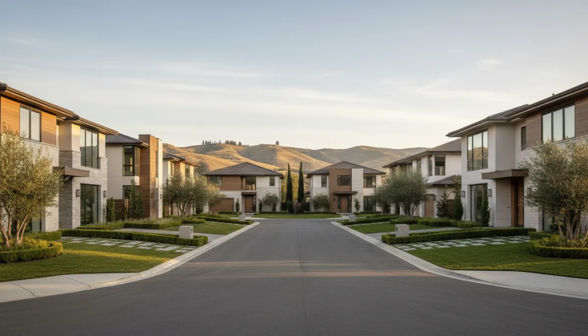 Photorealistic view of luxury single-family homes on a tree-lined Silicon Valley street