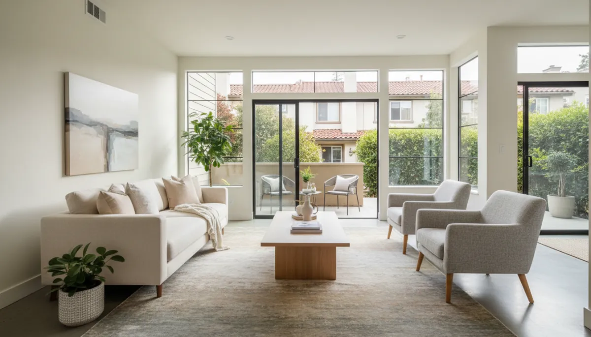 Photorealistic staged Bay Area living room with neutral decor