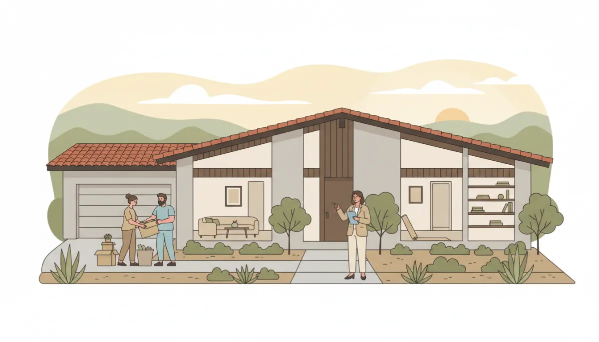 clean, modern illustration of a San Jose single-family home being prepared for sale, with homeowners decluttering inside and an agent reviewing a checklist outside, soft neutral color palette, flat illustration style