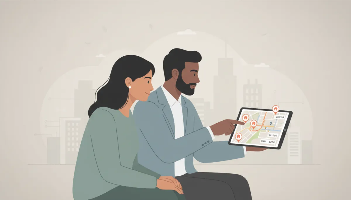clean neutral-color illustration of a diverse couple with an agent reviewing a tablet showing San Jose neighborhood map and home prices, subtle Silicon Valley skyline and tech offices in background, flat modern illustration style