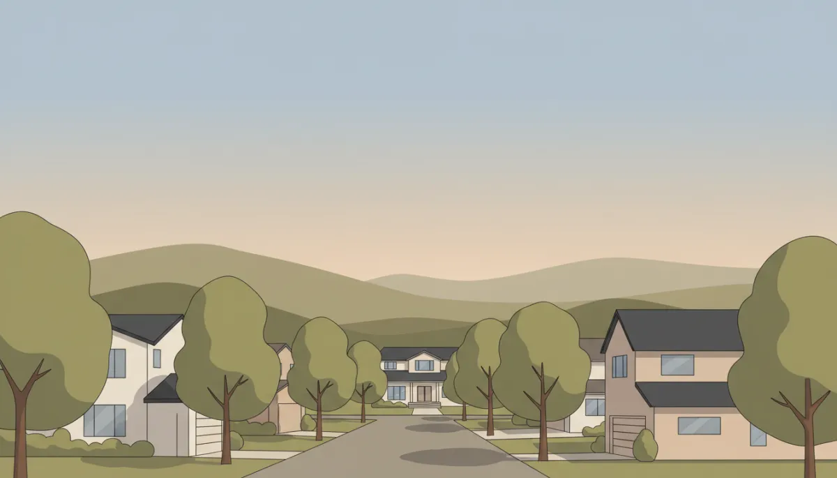 modern neutral-tone illustration of a peaceful suburban San Jose neighborhood in Almaden Valley, tree-lined streets, single-family homes with hills in the background, clean vector style