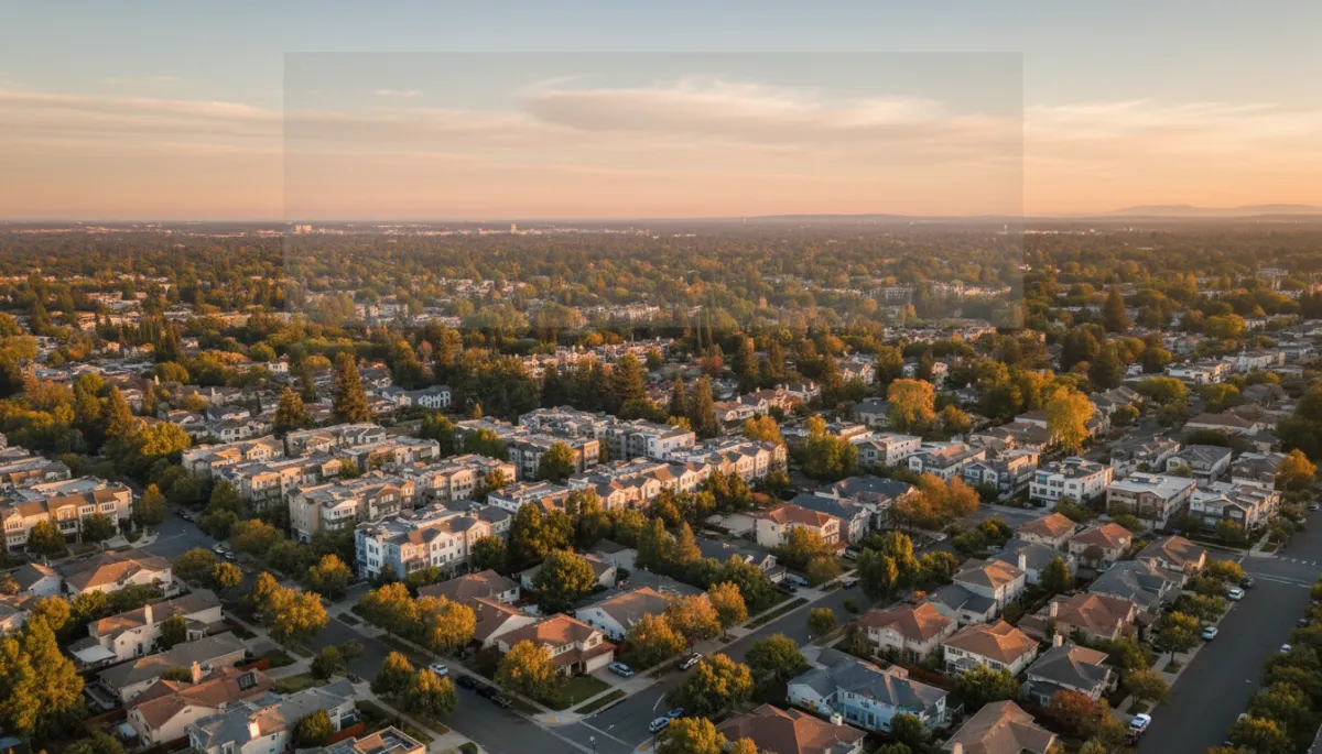 photorealistic aerial view of a quiet San Jose neighborhood at golden hour, tree-lined streets, mix of single-family homes and townhomes, neutral color palette, subtle text overlay area in the sky