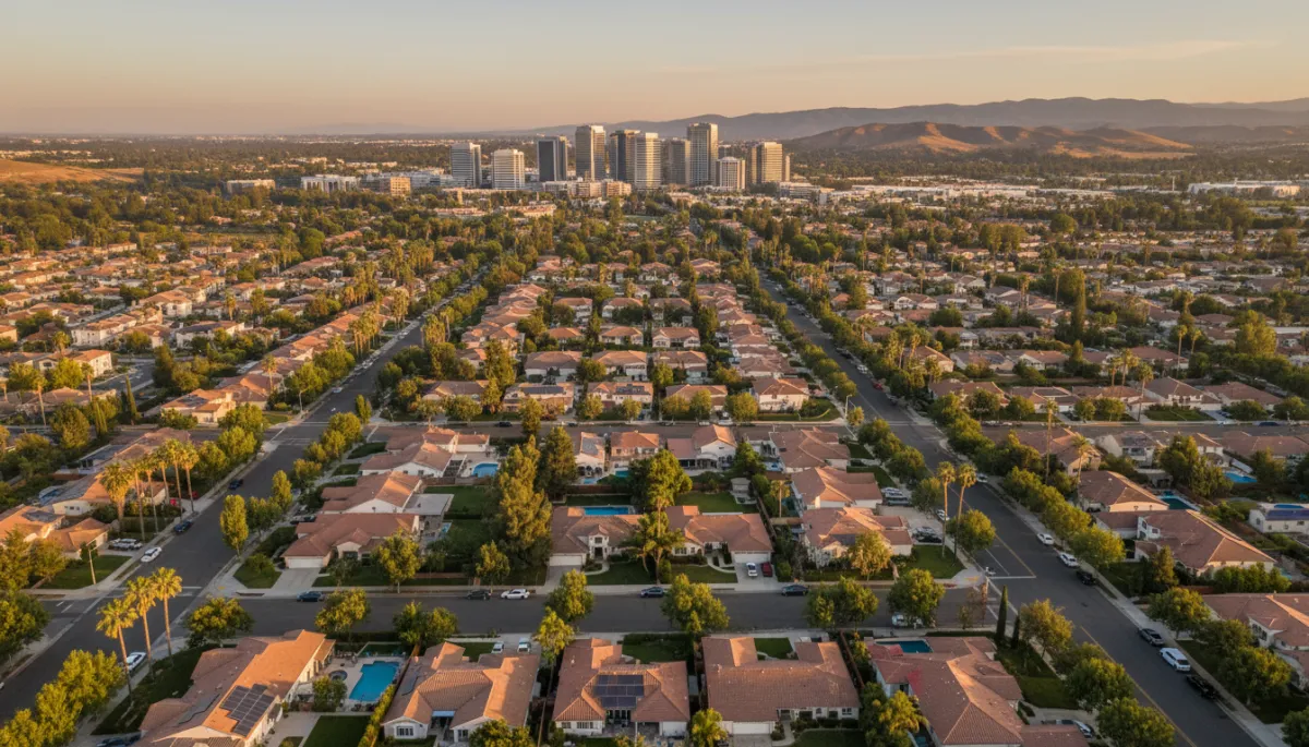 photorealistic aerial view of a San Jose suburban neighborhood at golden hour, mix of modern single family homes with tidy yards, distant Silicon Valley office buildings and foothills under a neutral color palette sky