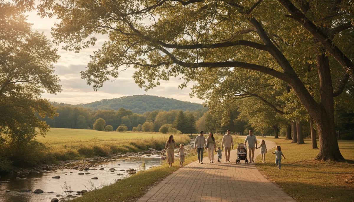 photorealistic wide view of families walking on a sunlit paved trail beside a gentle creek, tall trees arching overhead, green hills in the background, neutral color palette, soft afternoon light