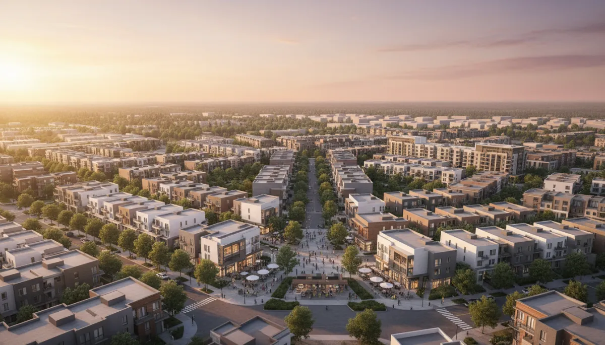 photorealistic aerial view of a modern planned neighborhood at golden hour, tree-lined streets, contemporary townhomes and condos surrounding a lively village center with shops and outdoor seating, neutral color palette of warm grays and soft whites