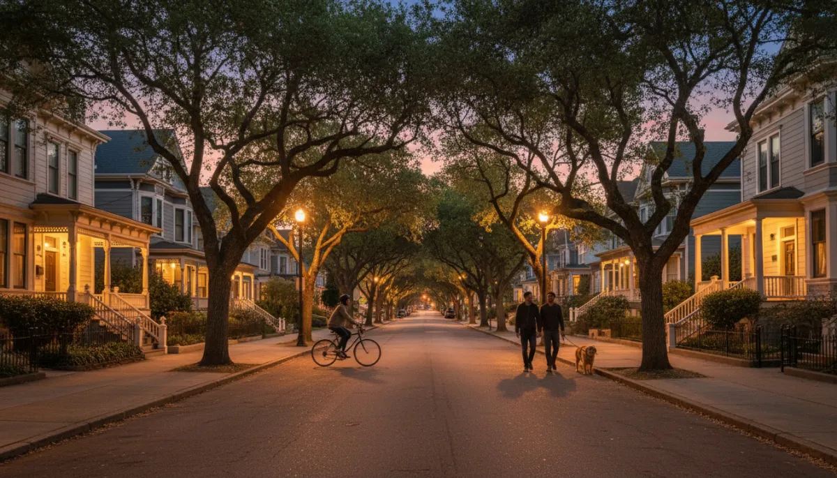 photorealistic early-evening street in historic Santa Clara neighborhood, Victorian homes with warm porch lights, mature trees arching over a quiet sidewalk, subtle neutral tones, soft golden light, a couple walking a dog and a cyclist passing by