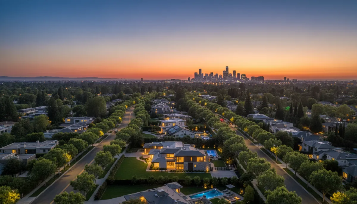 photorealistic twilight aerial view of an upscale Silicon Valley neighborhood with wide tree-lined streets, modern luxury single-family homes, warm interior lights glowing, manicured front lawns and neutral-toned architecture, distant hint of a tech campus skyline