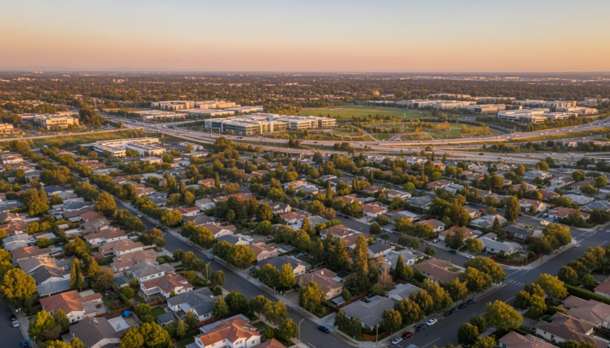 photorealistic aerial view of Sunnyvale California at golden hour, tree-lined residential streets with single-family homes, low-rise tech office campuses in the background, soft neutral color palette, clear sky