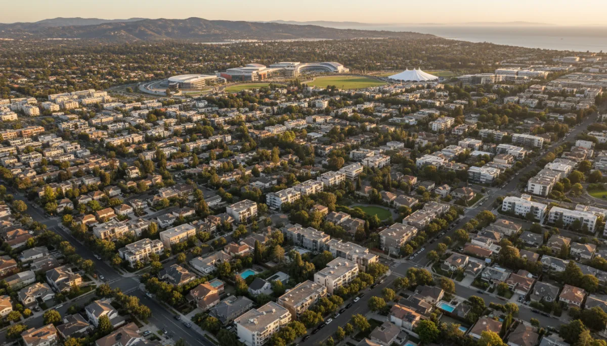 photorealistic aerial view of Mountain View California at golden hour, tree-lined residential streets with a mix of single-family homes and townhomes, distant Googleplex and Shoreline amphitheatre visible, soft neutral color palette