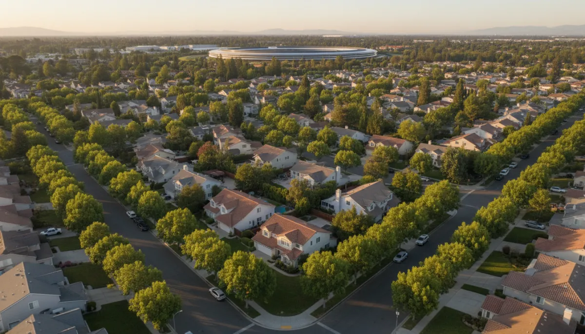 photorealistic aerial view of a quiet Cupertino CA neighborhood at golden hour, tree-lined streets, well-kept single-family homes with light neutral exteriors, distant view of Apple Park’s circular campus, soft warm lighting and neutral color palette