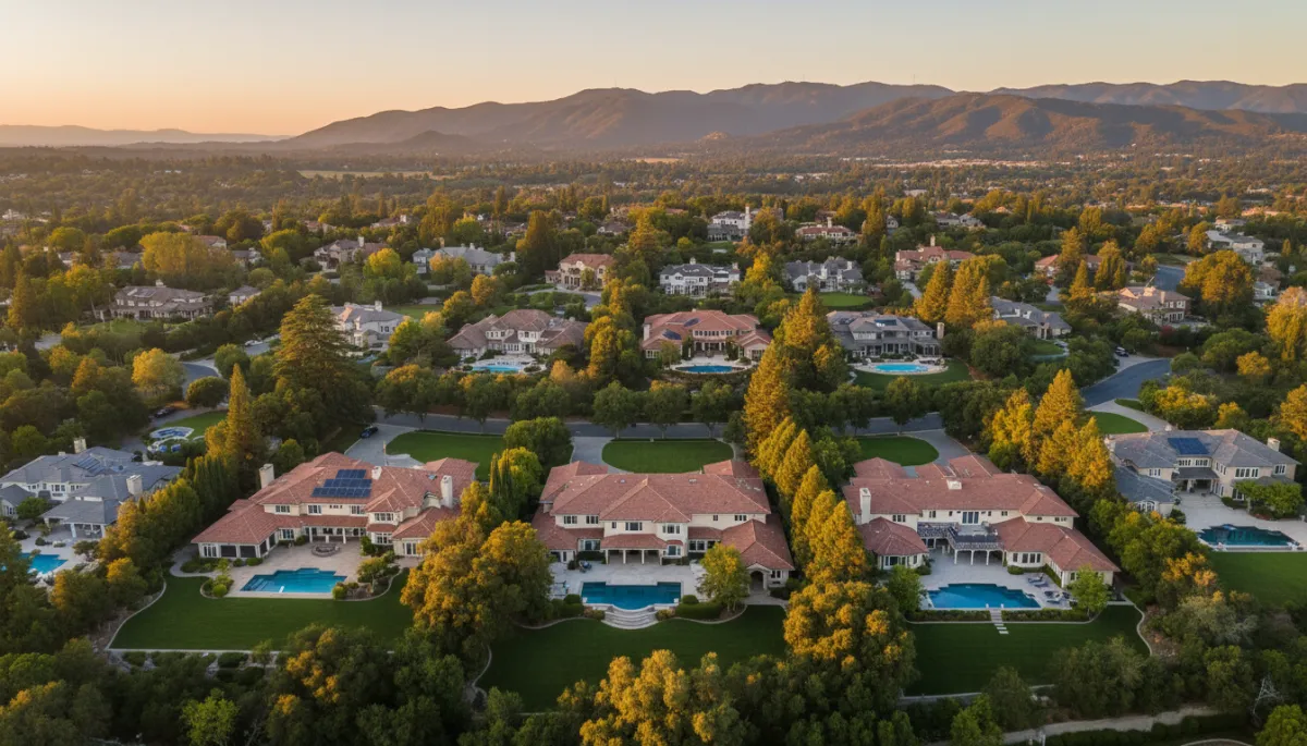 photorealistic aerial view of upscale Saratoga CA neighborhood at golden hour, large custom estates with pools and mature trees, distant Santa Cruz Mountains under soft neutral-toned sky, subtle text space in sky area