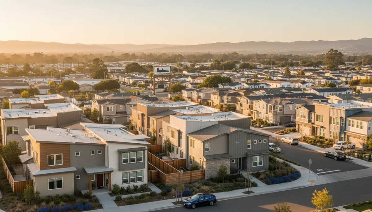 photorealistic wide shot of a modern Bay Area neighborhood at golden hour, mix of single family homes, townhomes, and a mobile home park entrance sign in the distance, neutral color palette and soft natural light