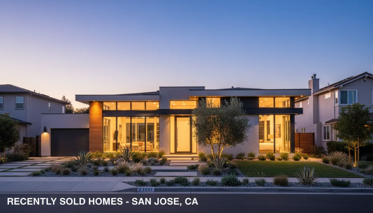 photorealistic twilight exterior of a modern single-family home in San Jose with warm interior lights, clean landscaping, neutral color palette, subtle text overlay about recent homes sold San Jose