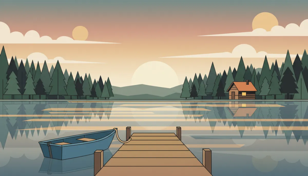Quiet lakeside dock with a small fishing boat and cabin across the water Quiet lakeside dock with a small fishing boat and cabin across the water