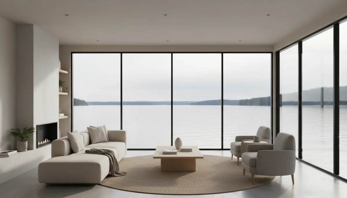 Interior of a lakefront cabin living room overlooking a calm BC lake Interior of a lakefront cabin living room overlooking a calm BC lake