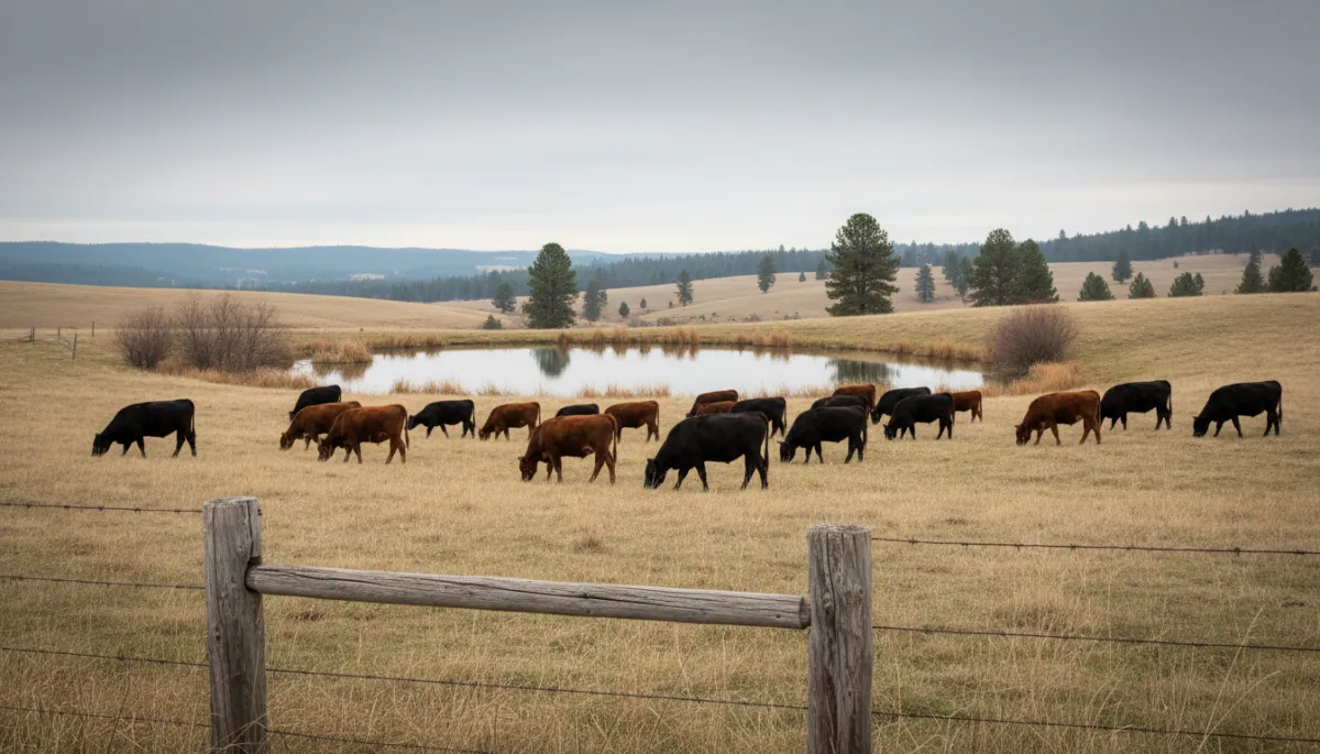 Fenced South Cariboo pasture with grazing cattle and a stock pond Fenced South Cariboo pasture with grazing cattle and a stock pond