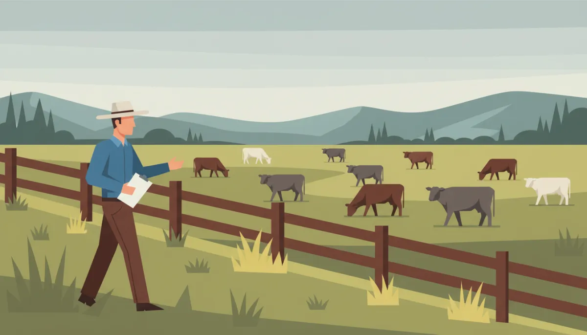 Rancher inspecting fenced pasture and grazing cattle on a BC ranch