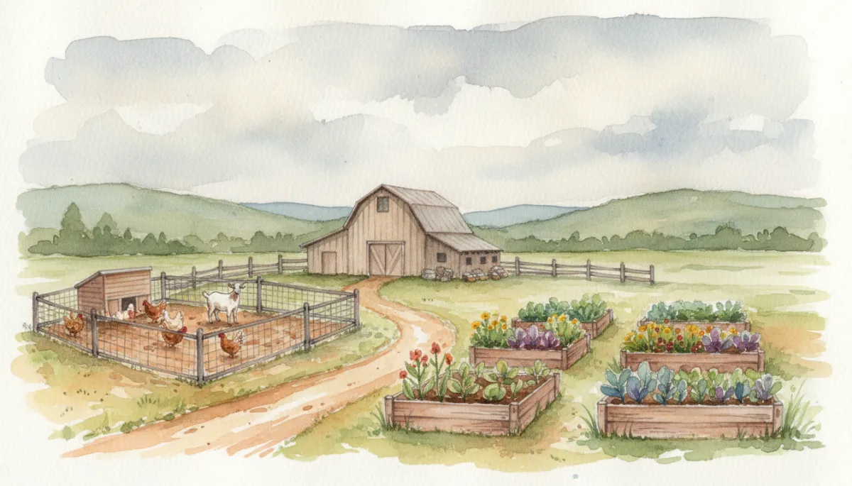 Barn, chicken coop, goats, and raised beds laid out on a small Cariboo farmstead