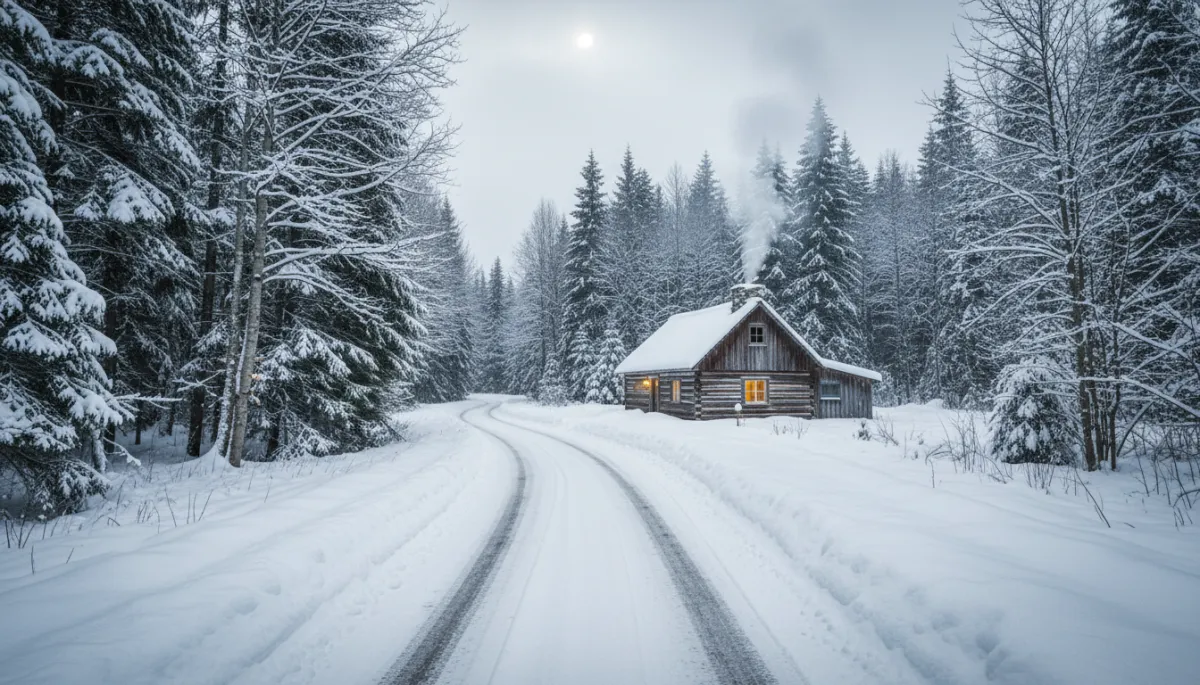 Snow-covered rural road leading to a cabin in British Columbia winter