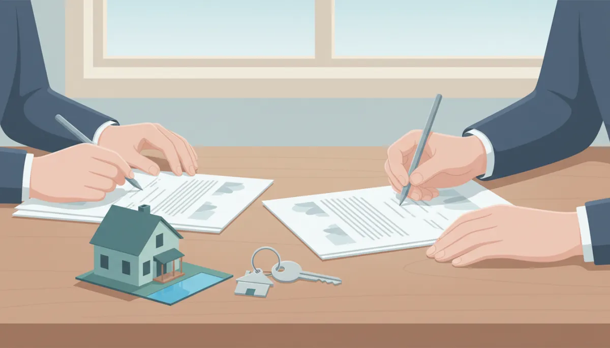 Buyer signing real estate and mortgage documents with keys on the table