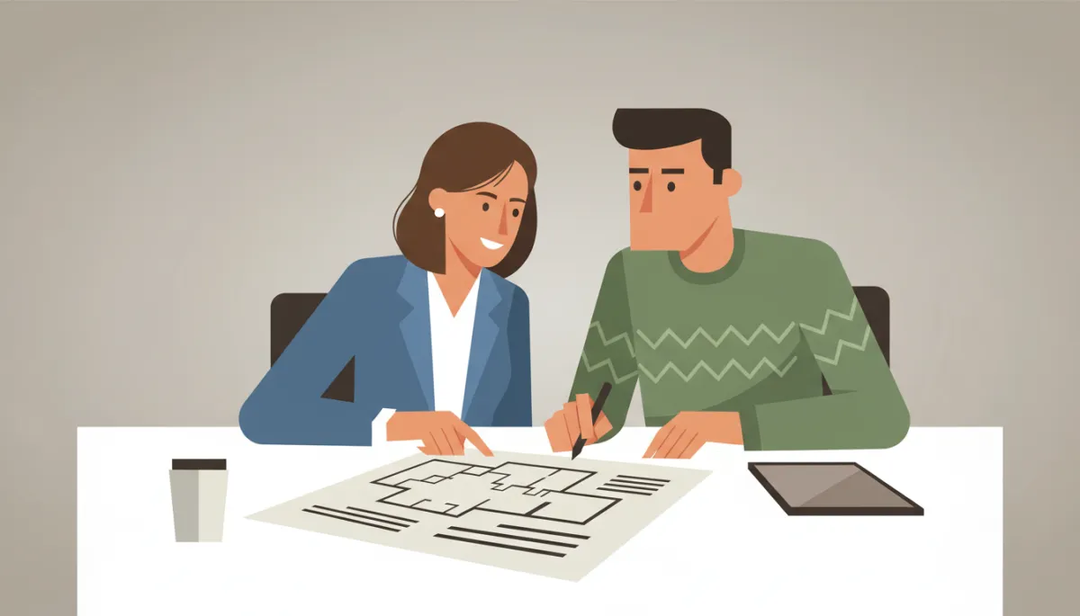 Realtor and client reviewing property details together at an office desk Realtor and client reviewing property details together at an office desk