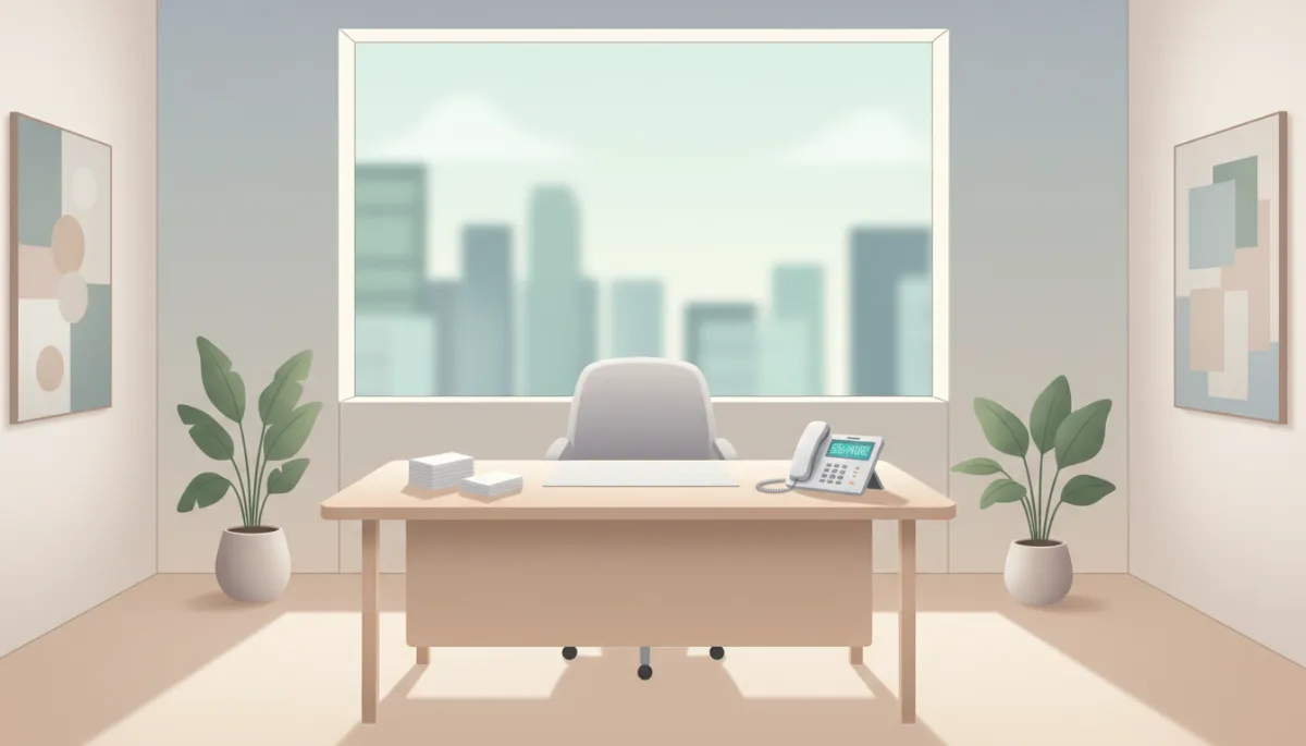Inviting real estate office in neutral tones with contact information visible Inviting real estate office in neutral tones with contact information visible