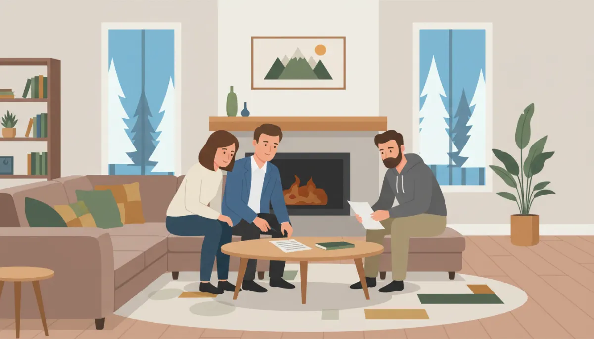Real estate agent reviewing home purchase documents with clients in a living room