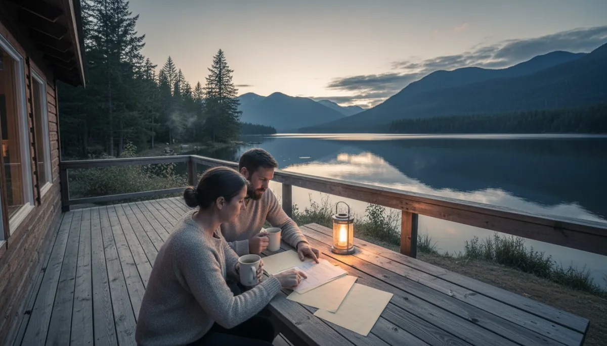 Owners of a lakefront cabin in BC reviewing mortgage documents on the deck