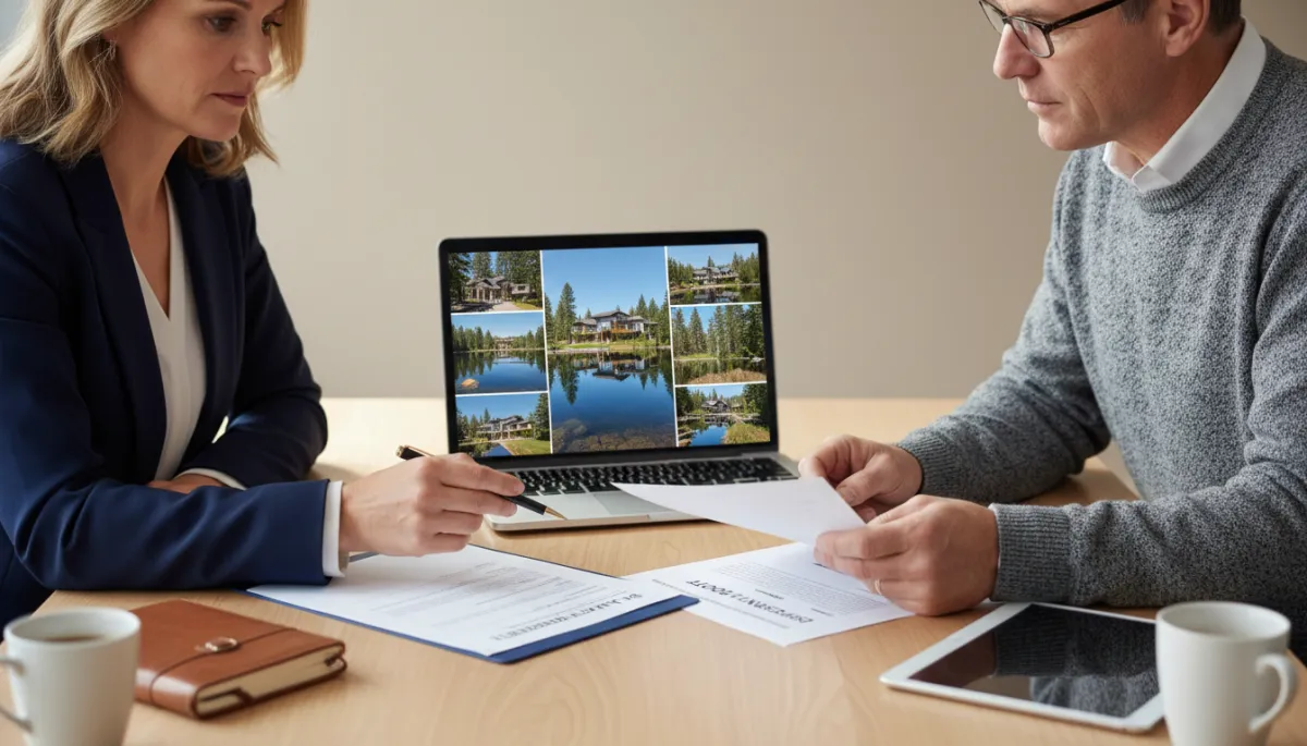 Lawyer and buyer reviewing title and inspection documents for a BC lakefront home Lawyer and buyer reviewing title and inspection documents for a BC lakefront home