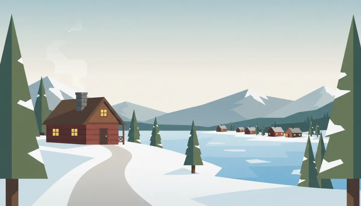 Professional scene of a BC vacation cabin with plowed winter access road Professional scene of a BC vacation cabin with plowed winter access road