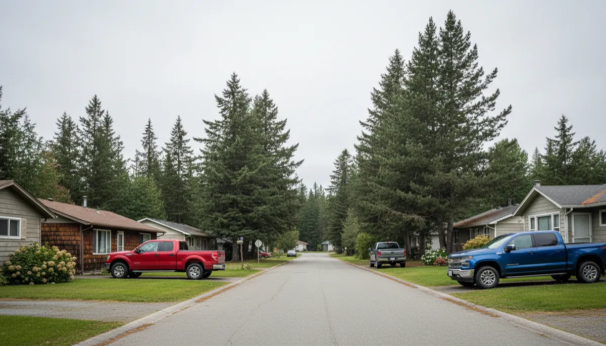 Quiet residential street with modest homes and trees in 100 Mile House
