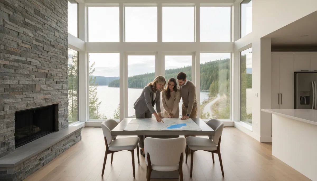 Local agent explaining lake and back-road access to homebuyers in BC