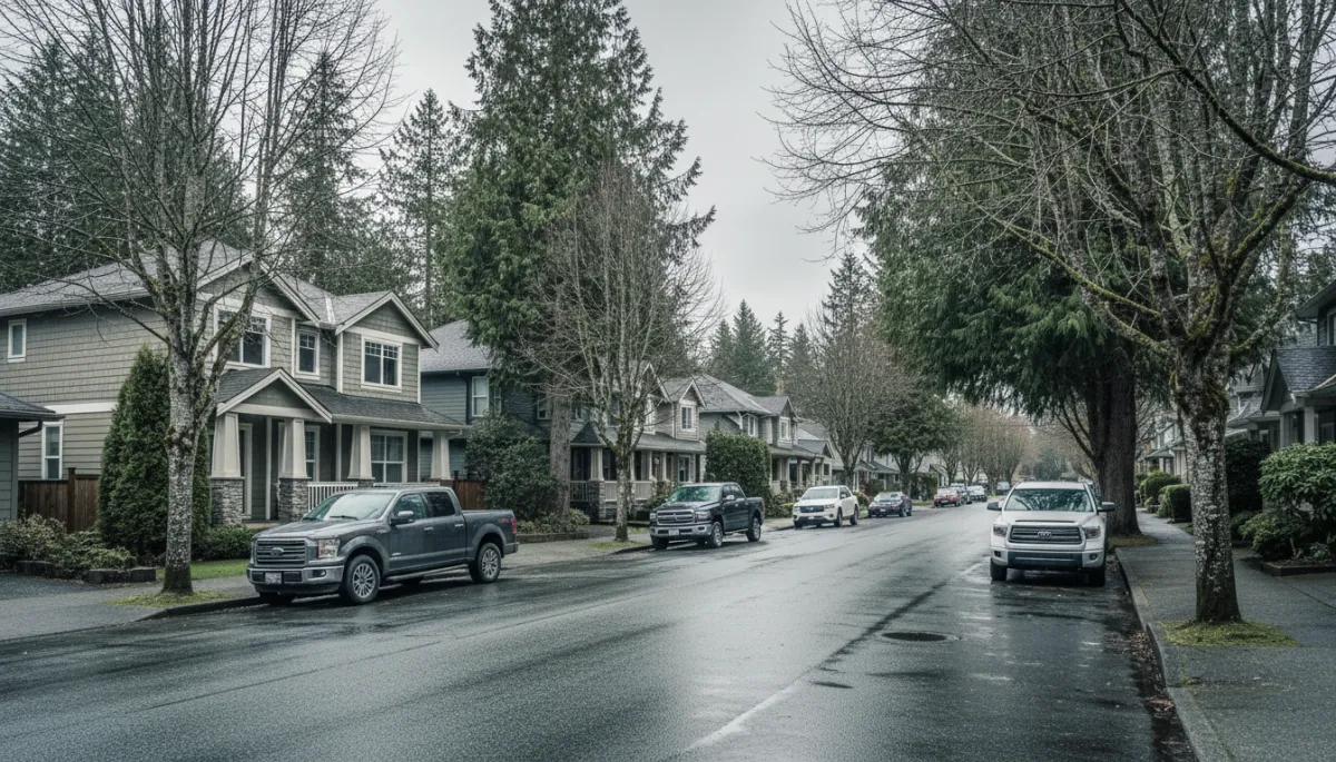 Residential street with detached homes and trees in a Cariboo community