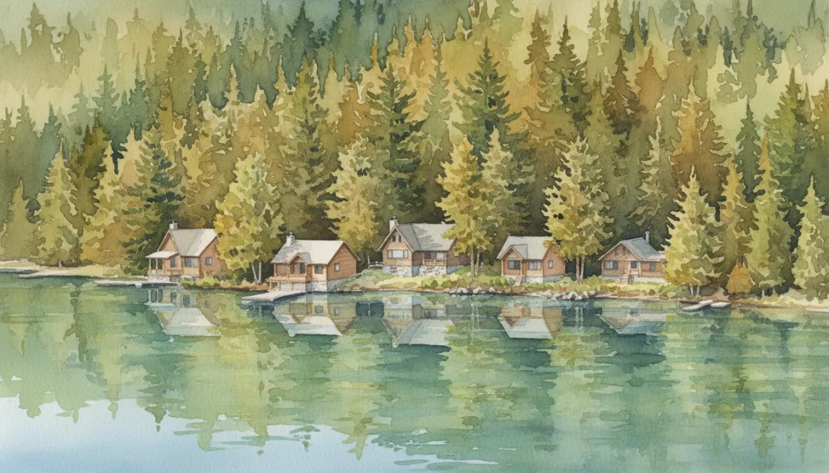 Aerial view of lakefront cabins along a British Columbia shoreline