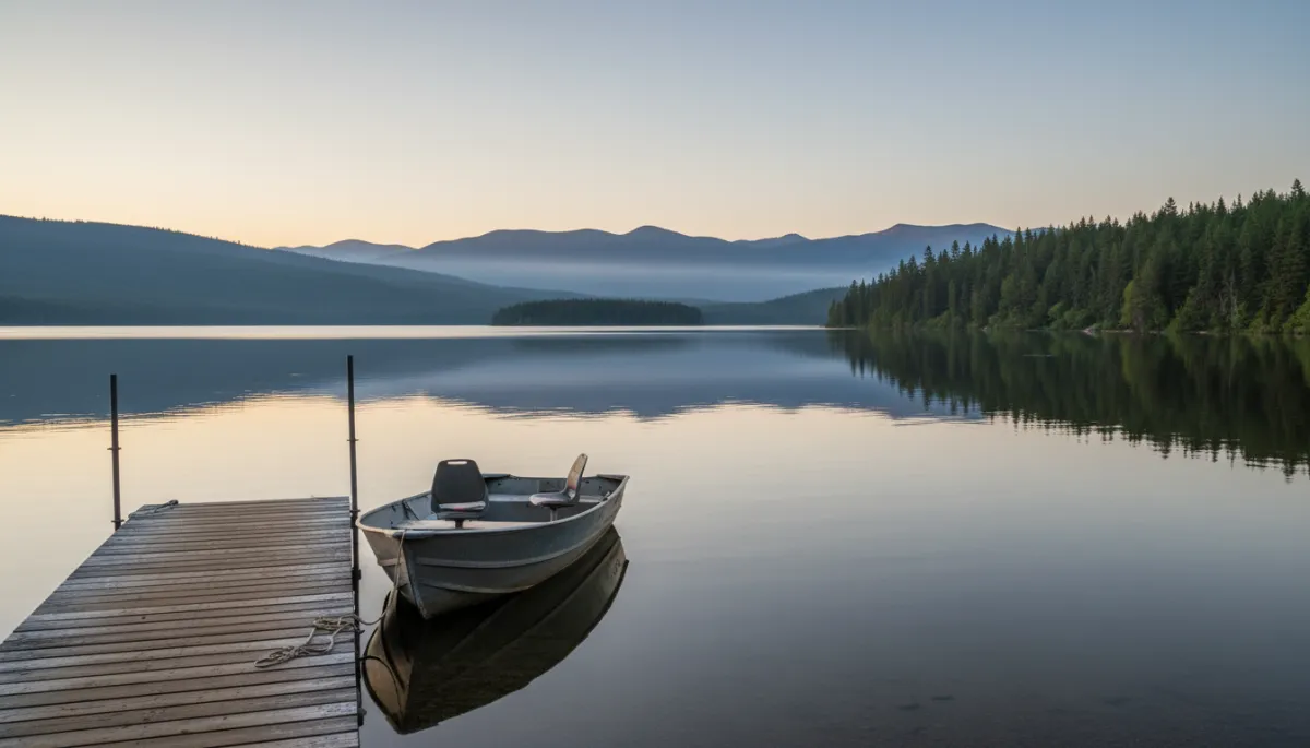 Fishing boat tied to a dock on a calm Cariboo lake at dusk Fishing boat tied to a dock on a calm Cariboo lake at dusk