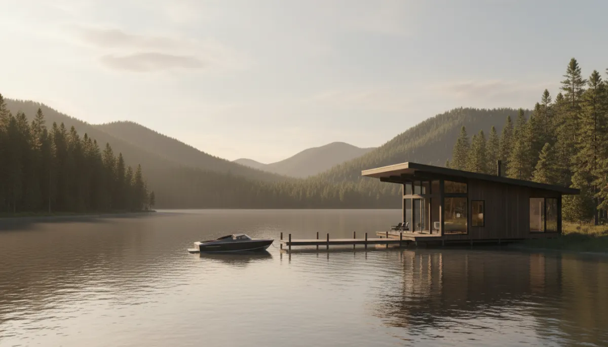 Professional view of a lakeside cabin and dock in the Cariboo surrounded by forest Professional view of a lakeside cabin and dock in the Cariboo surrounded by forest