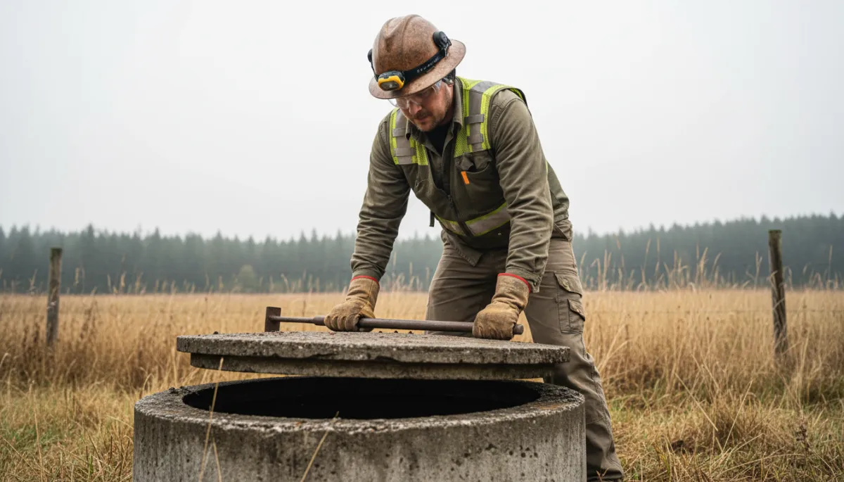 Septic inspector opening a tank lid on a rural BC property in a professional, neutral style