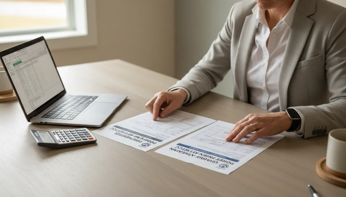 Homeowner comparing rural and urban BC property tax notices at a kitchen table