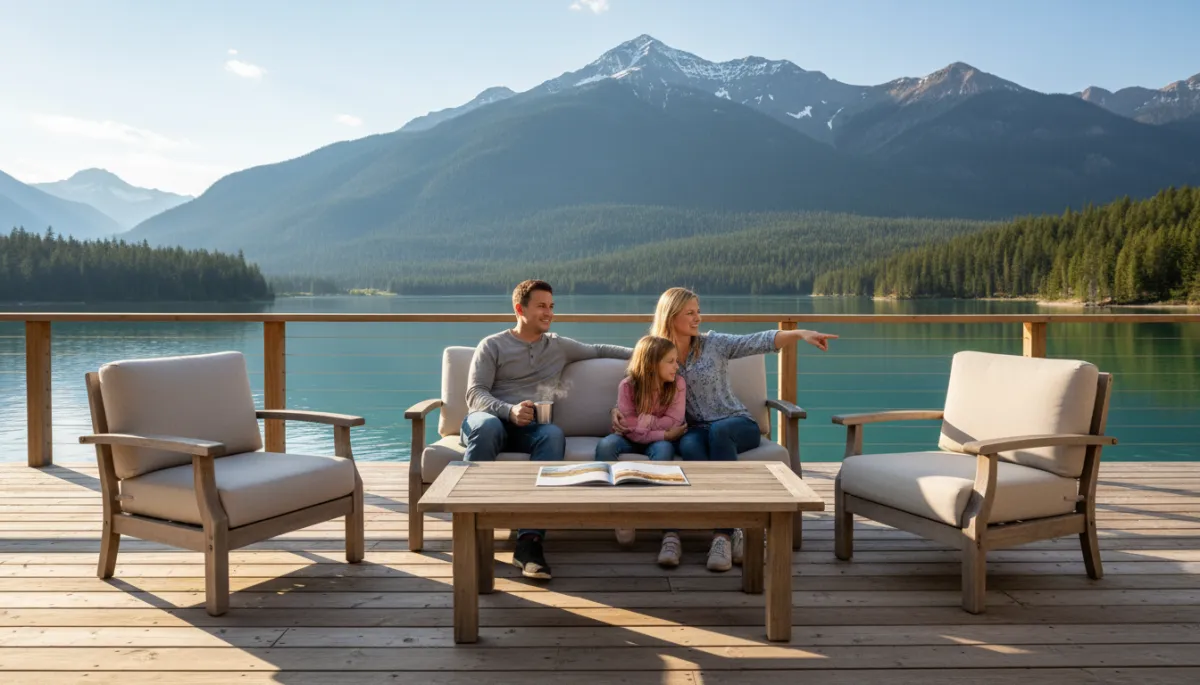 A family enjoying the deck of a British Columbia lakeside cabin while considering a property brochure