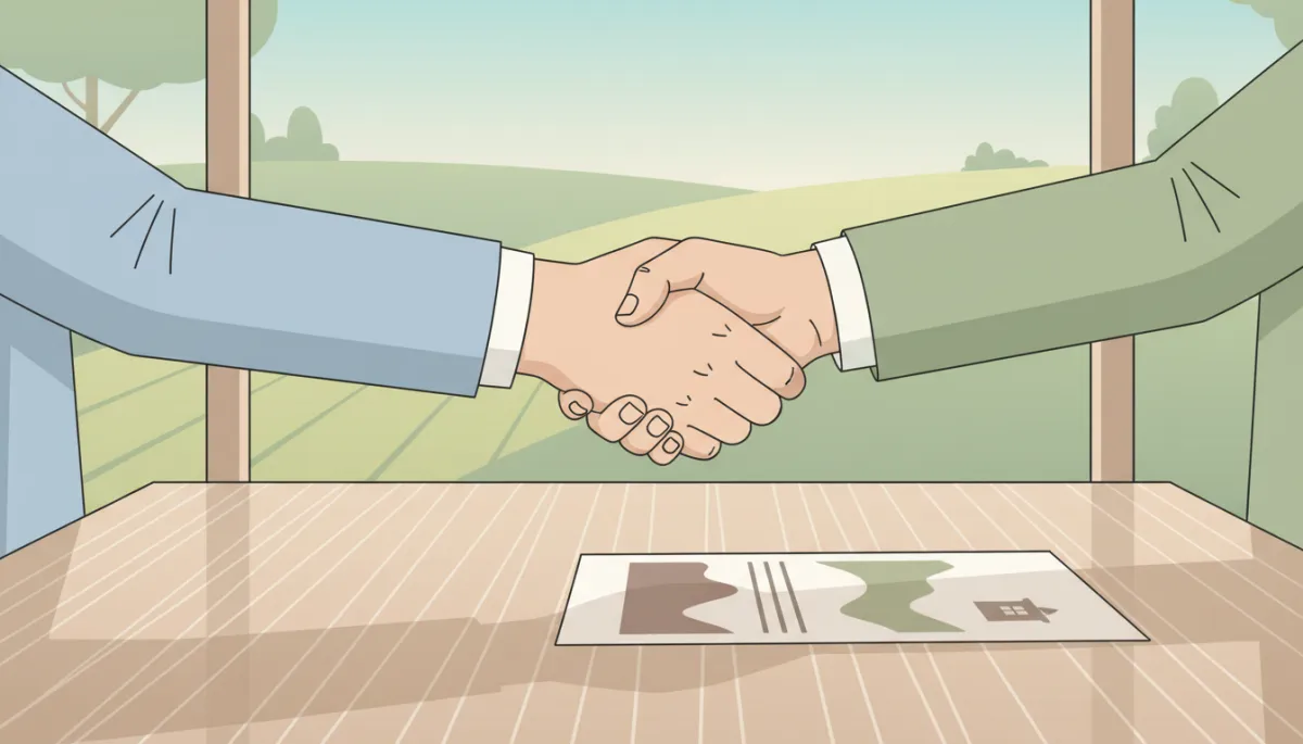 Buyer and seller shaking hands over a rural property contract in a neutral-toned office
