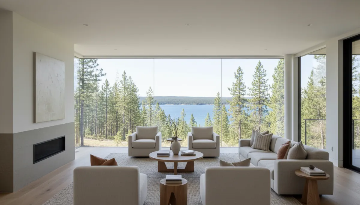 Professional photorealistic interior of a modern South Cariboo home with lake view