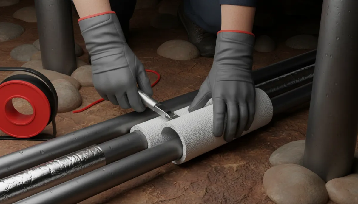 Homeowner insulating exposed plumbing beneath a lakeside home