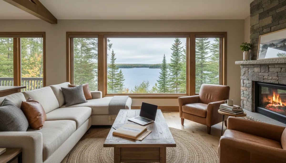 Cottage living room with tax documents and laptop on the table