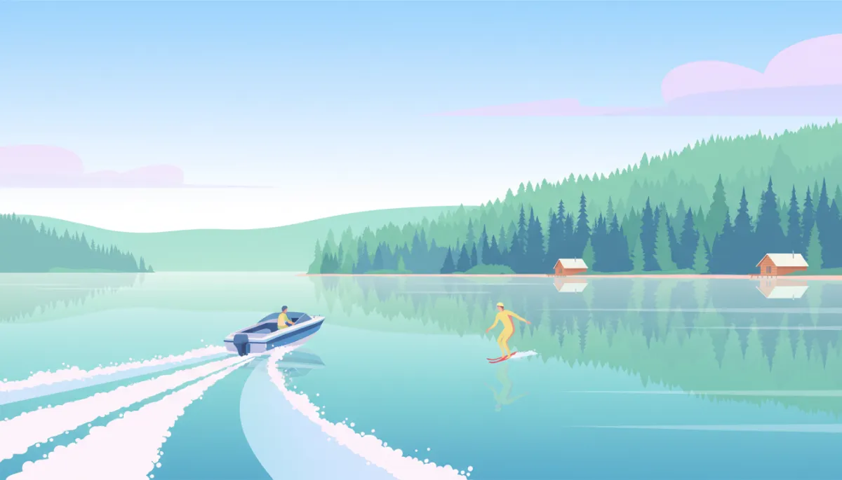 Professional scene of powerboating and waterskiing on Green Lake BC Professional scene of powerboating and waterskiing on Green Lake BC