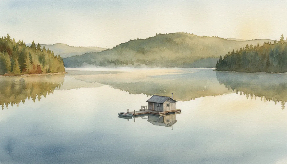 Aerial view of a single float cabin and dock on a quiet Cariboo lake Aerial view of a single float cabin and dock on a quiet Cariboo lake