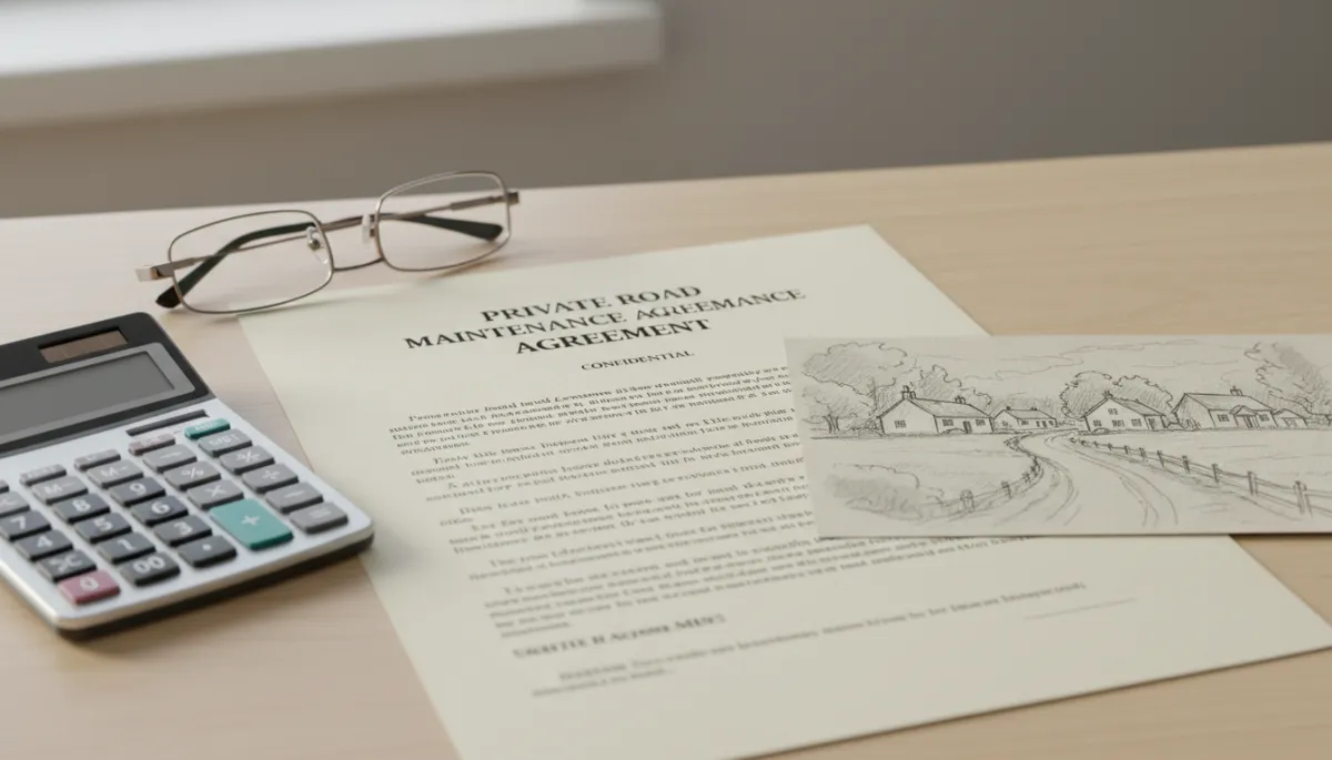 Private road maintenance agreement and financial documents on a desk Private road maintenance agreement and financial documents on a desk