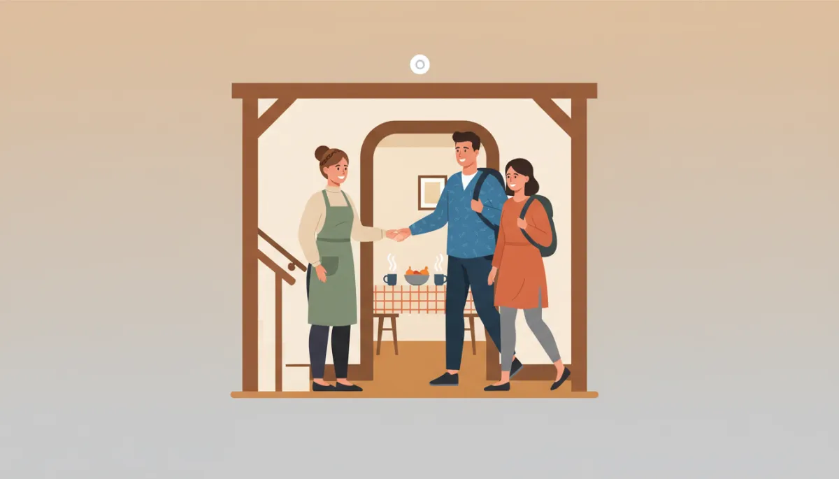 Professional photo of a Cariboo homeowner greeting bed and breakfast guests at the door Professional photo of a Cariboo homeowner greeting bed and breakfast guests at the door