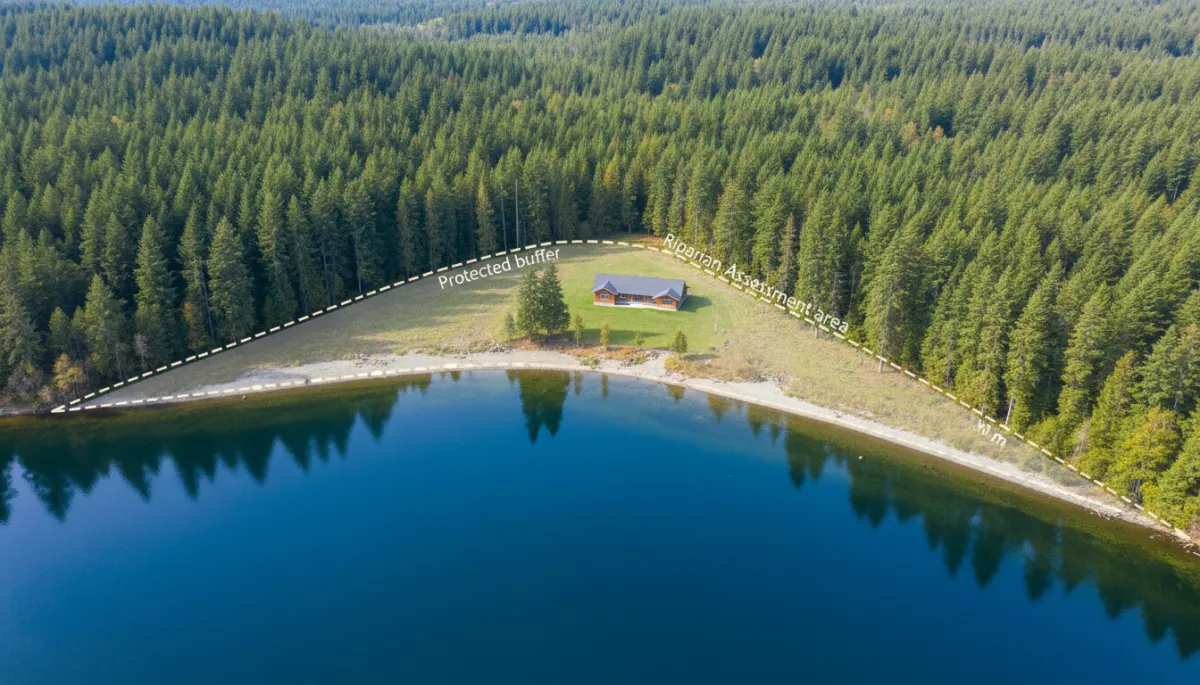 Illustration of a BC lakefront property showing measured setback zones from the shoreline Illustration of a BC lakefront property showing measured setback zones from the shoreline