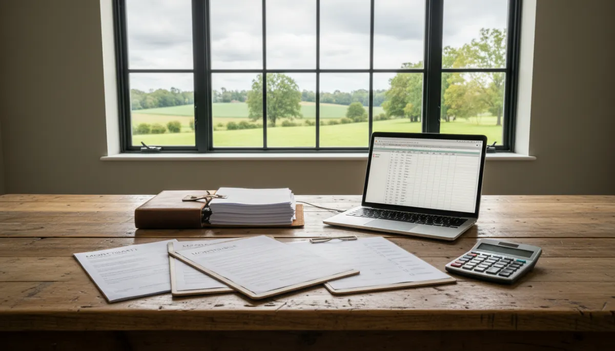 Organized mortgage pre-approval documents on a farmhouse table