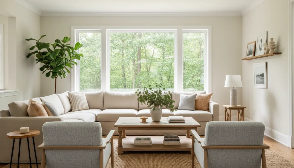 A professionally staged, move-in-ready living room in a rural family home